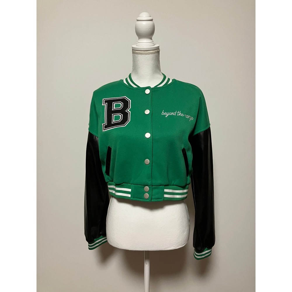 Beyond The Range Women Cropped Varsity Jacket L Green Black Faux Leather Sleeves